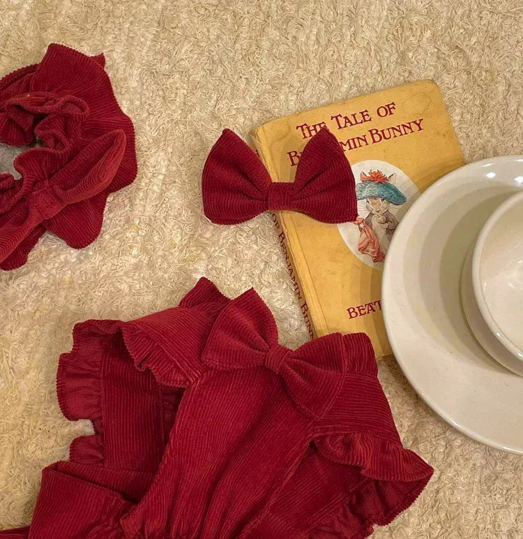 Princess Bow Dress Set - Winter Corduroy Dog Dress with Bow Clip