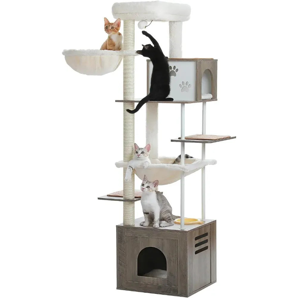 Road Large Cat Tree with Food Station - 74.8" Multi-Level Cat Tower with Condos & Hammocks