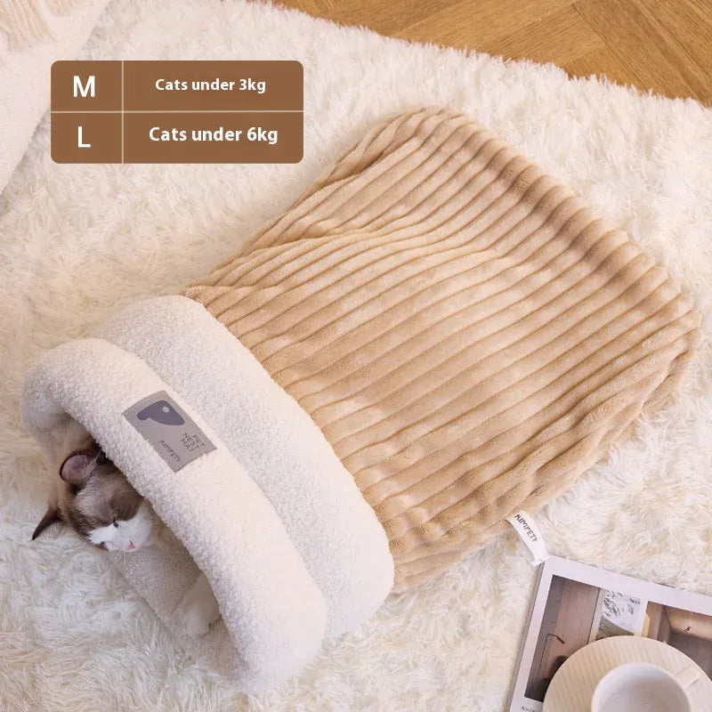 Self-Warming Cat Cave Bed with Tunnel - Plush Winter Hideaway & Sleeping Bag