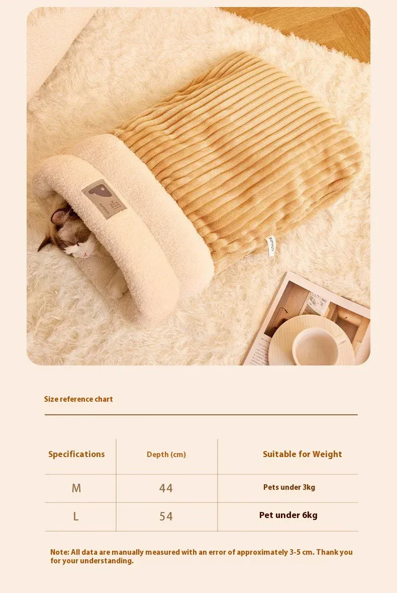 Self-Warming Cat Cave Bed with Tunnel - Plush Winter Hideaway & Sleeping Bag