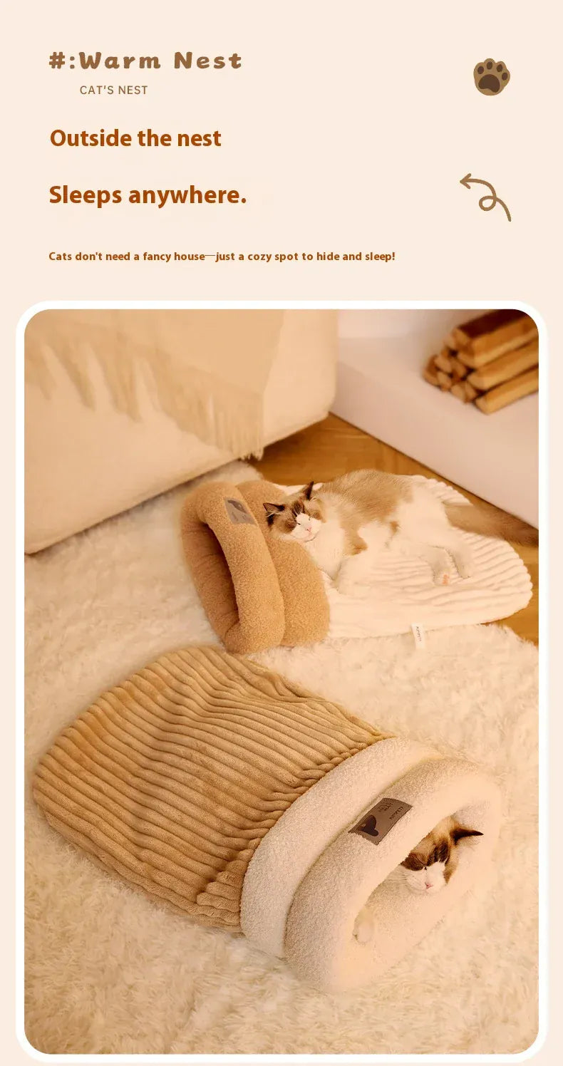 Self-Warming Cat Cave Bed with Tunnel - Plush Winter Hideaway & Sleeping Bag