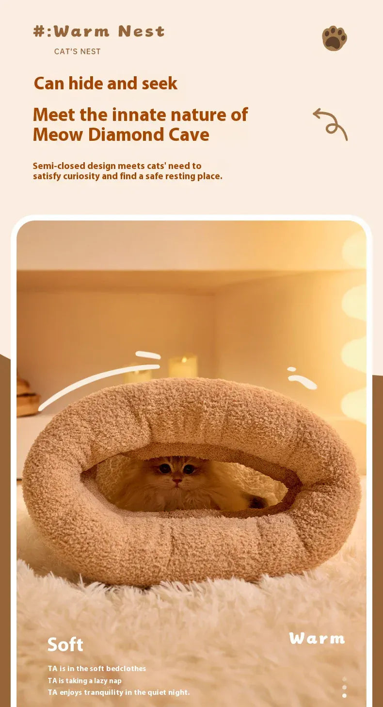 Self-Warming Cat Cave Bed with Tunnel - Plush Winter Hideaway & Sleeping Bag