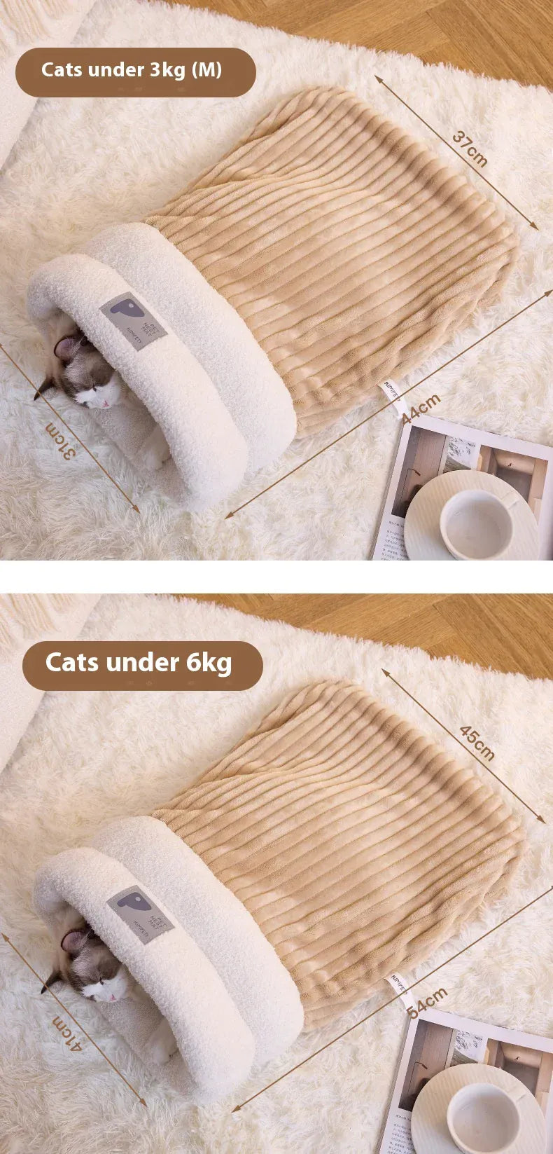 Cat exploring a plush tunnel bed designed for indoor activity