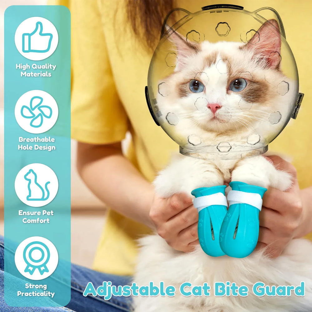 Space Hood Cat Muzzle & Boots Set - Transparent Anti-Bite Grooming Helmet