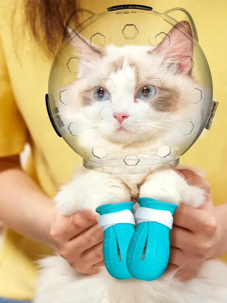 Space Hood Cat Muzzle & Boots Set - Transparent Anti-Bite Grooming Helmet