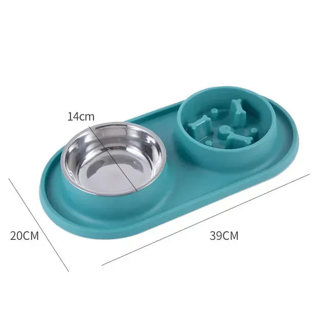 Stainless Steel Double Dog Bowl with Non-Slip Mat - Anti-Choking Slow Feeder