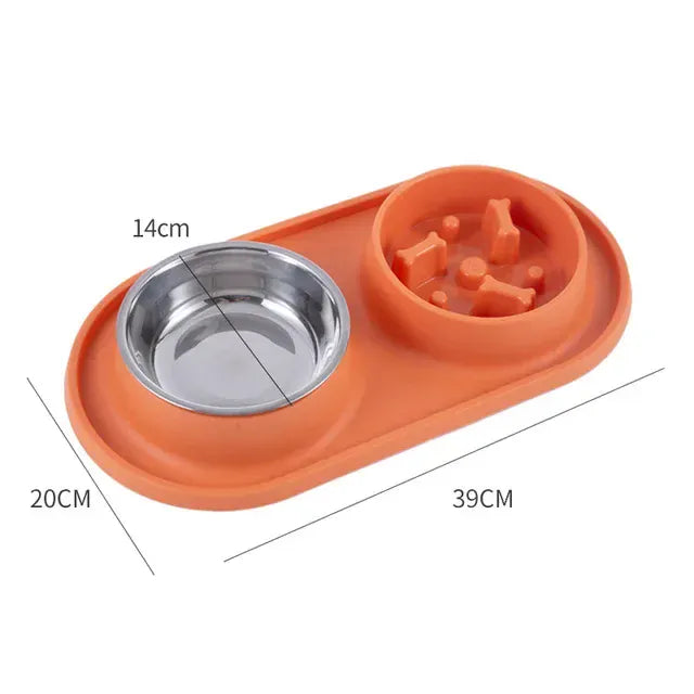 Stainless Steel Double Dog Bowl with Non-Slip Mat - Anti-Choking Slow Feeder