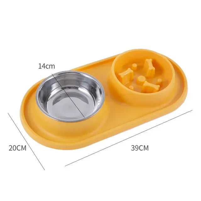 Stainless Steel Double Dog Bowl with Non-Slip Mat - Anti-Choking Slow Feeder