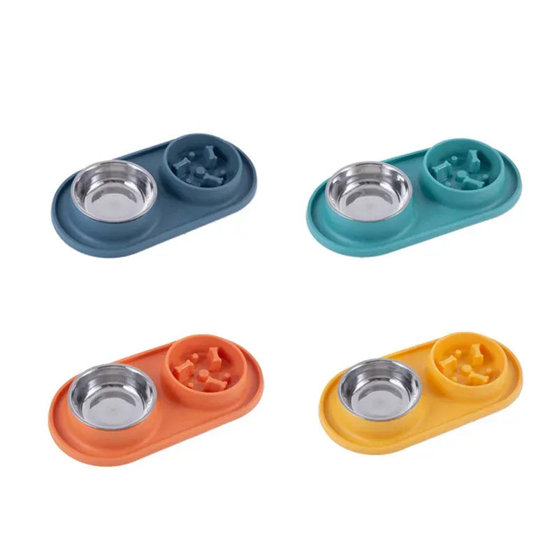 Stainless Steel Double Dog Bowl with Non-Slip Mat - Anti-Choking Slow Feeder