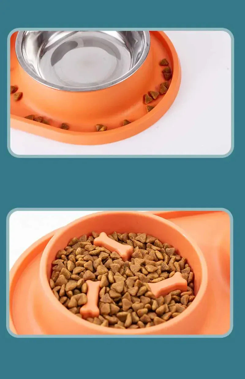 Stainless Steel Double Dog Bowl with Non-Slip Mat - Anti-Choking Slow Feeder