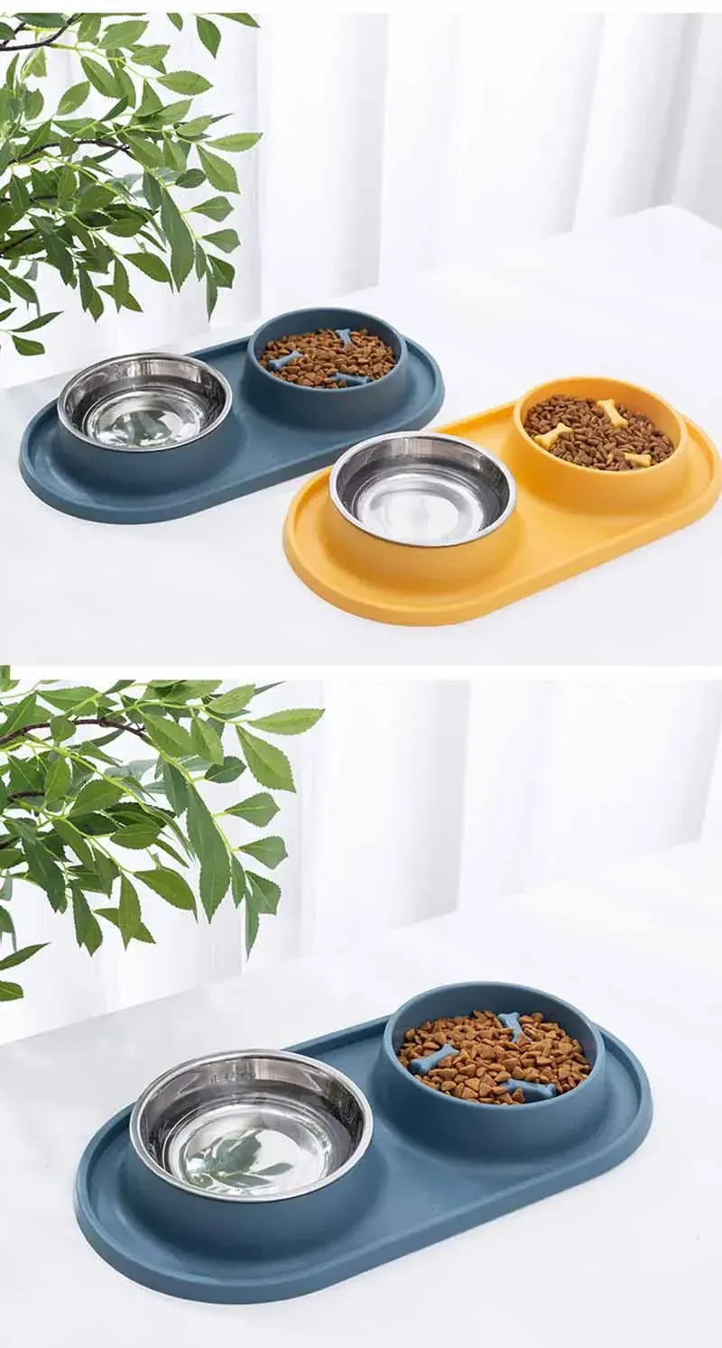 Stainless Steel Double Dog Bowl with Non-Slip Mat - Anti-Choking Slow Feeder