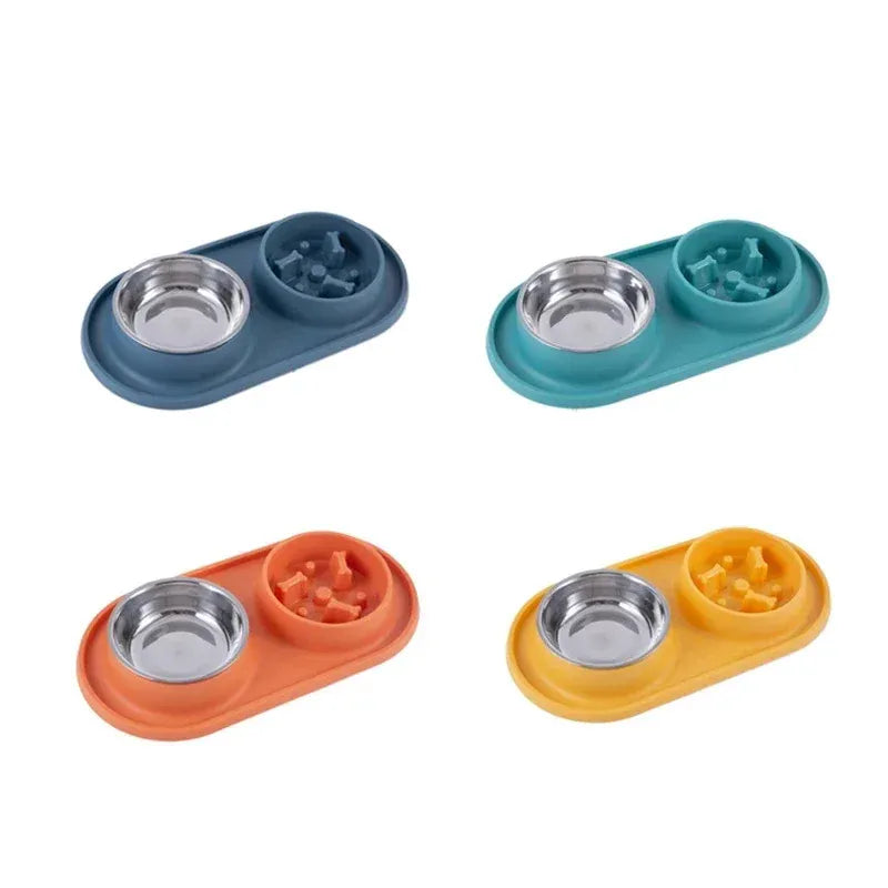Stainless Steel Double Dog Bowl with Non-Slip Mat - Anti-Choking Slow Feeder
