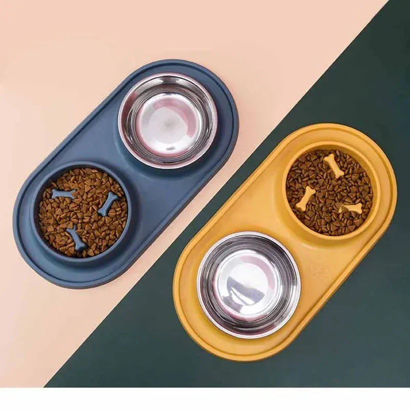 Stainless Steel Double Dog Bowl with Non-Slip Mat - Anti-Choking Slow Feeder