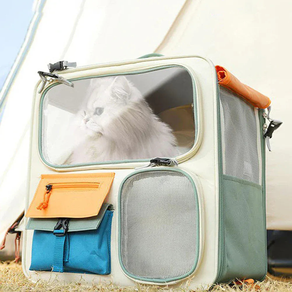 Transparent Window Pet Backpack - Large Capacity Dog & Cat Travel Carrier with Ventilated Mesh, Foldable Design for Car Camping & Hiking