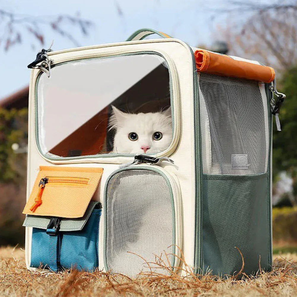 Transparent Window Pet Backpack - Large Capacity Dog & Cat Travel Carrier with Ventilated Mesh, Foldable Design for Car Camping & Hiking