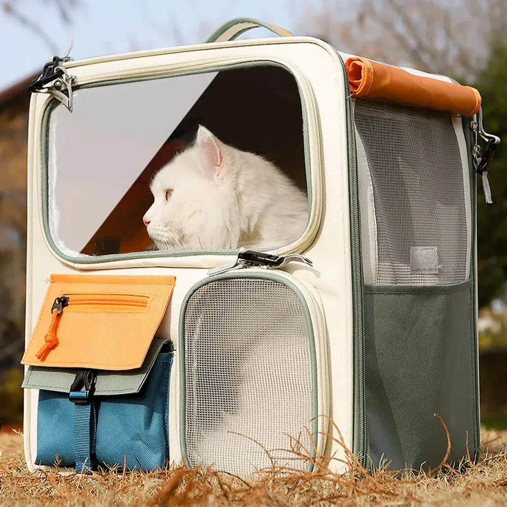 Transparent Window Pet Backpack - Large Capacity Dog & Cat Travel Carrier with Ventilated Mesh, Foldable Design for Car Camping & Hiking