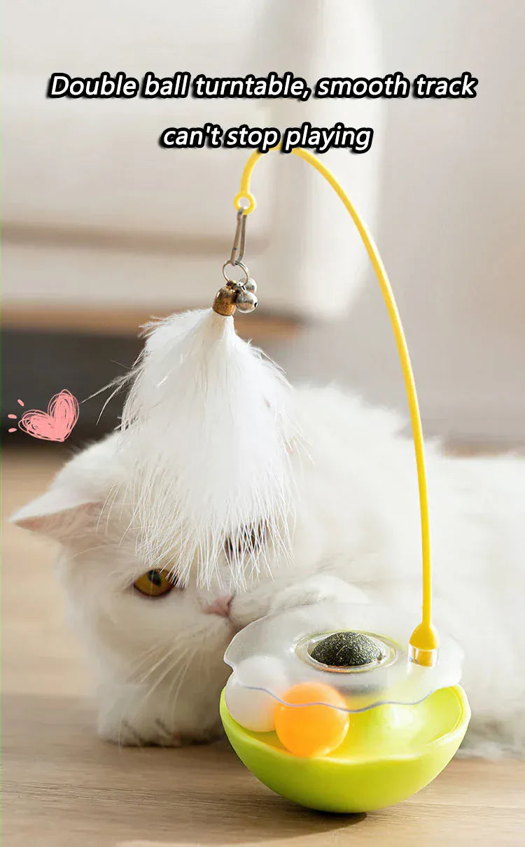 Tumbler Cat Toy - 360° Non-Tip Interactive Feather Teaser with Catnip