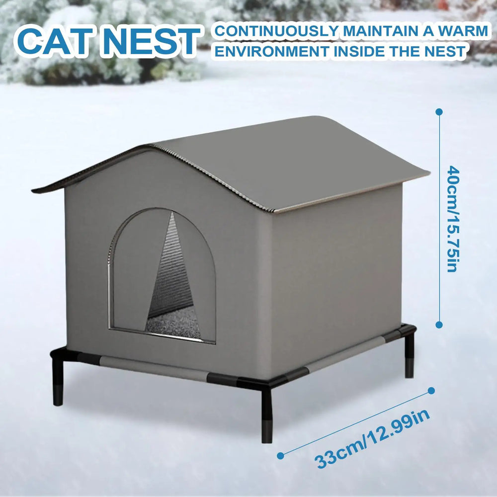 Elevated outdoor cat shelter designed for cold and wet climates