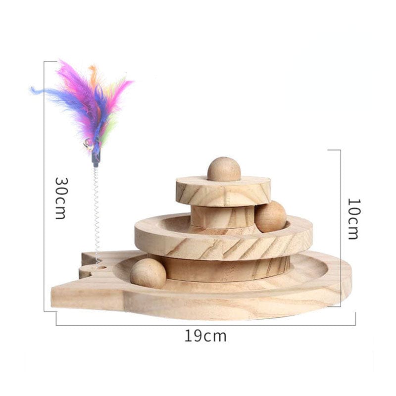 Wooden Cat Activity Tower – 3 Level Turntable Toy with Ball Tracks & Interactive Disc