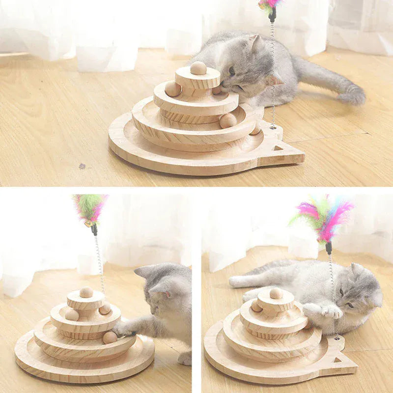 Wooden Cat Activity Tower – 3 Level Turntable Toy with Ball Tracks & Interactive Disc